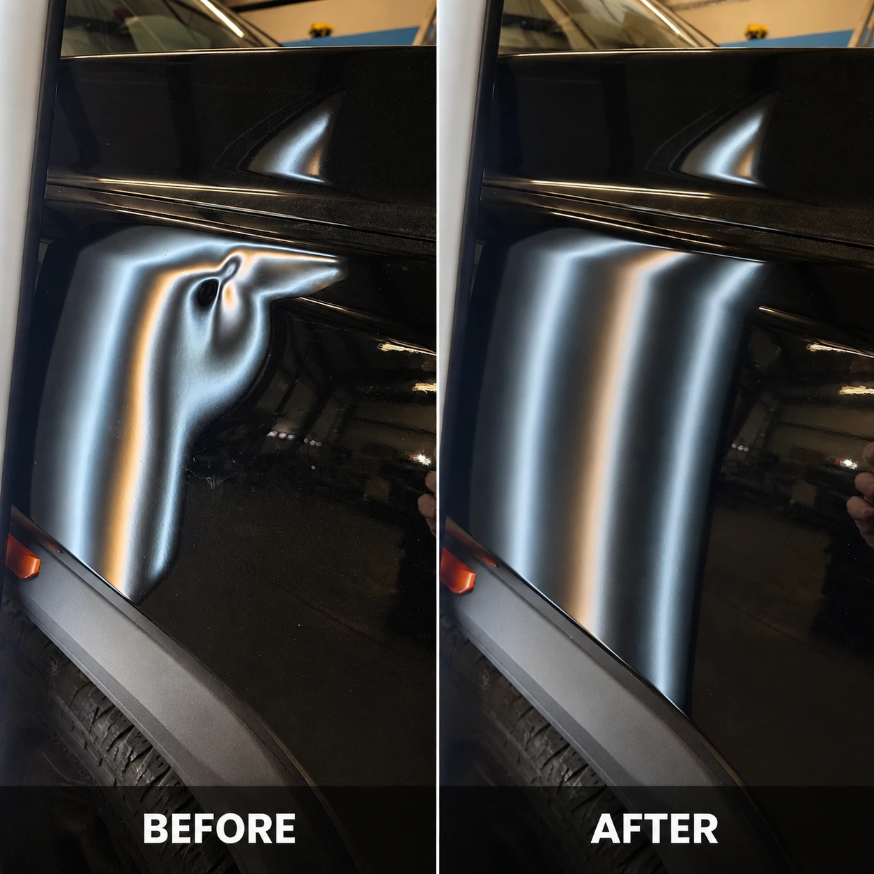 Black side panel before and after dent repair