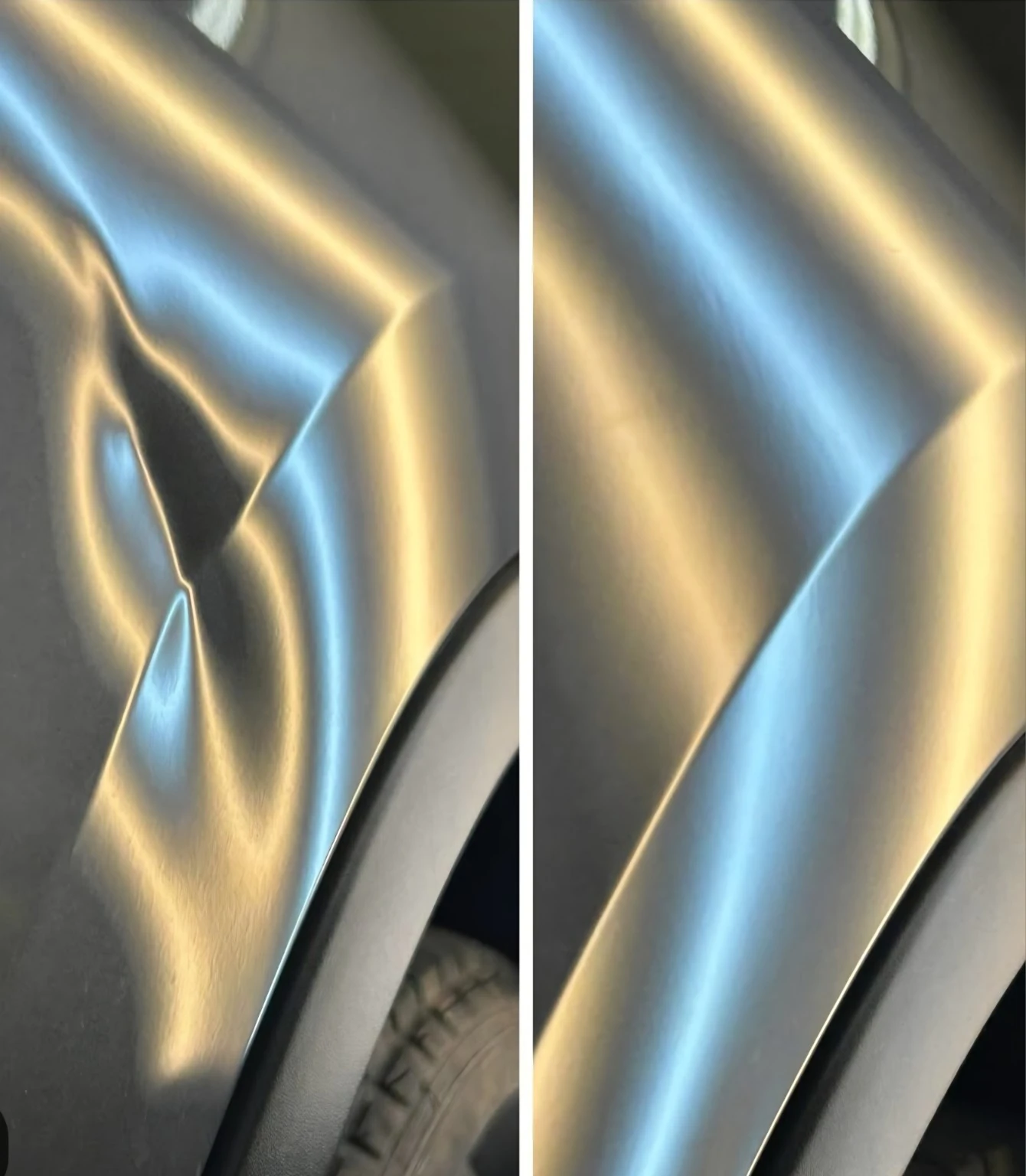 Close-up fender detail before and after repair