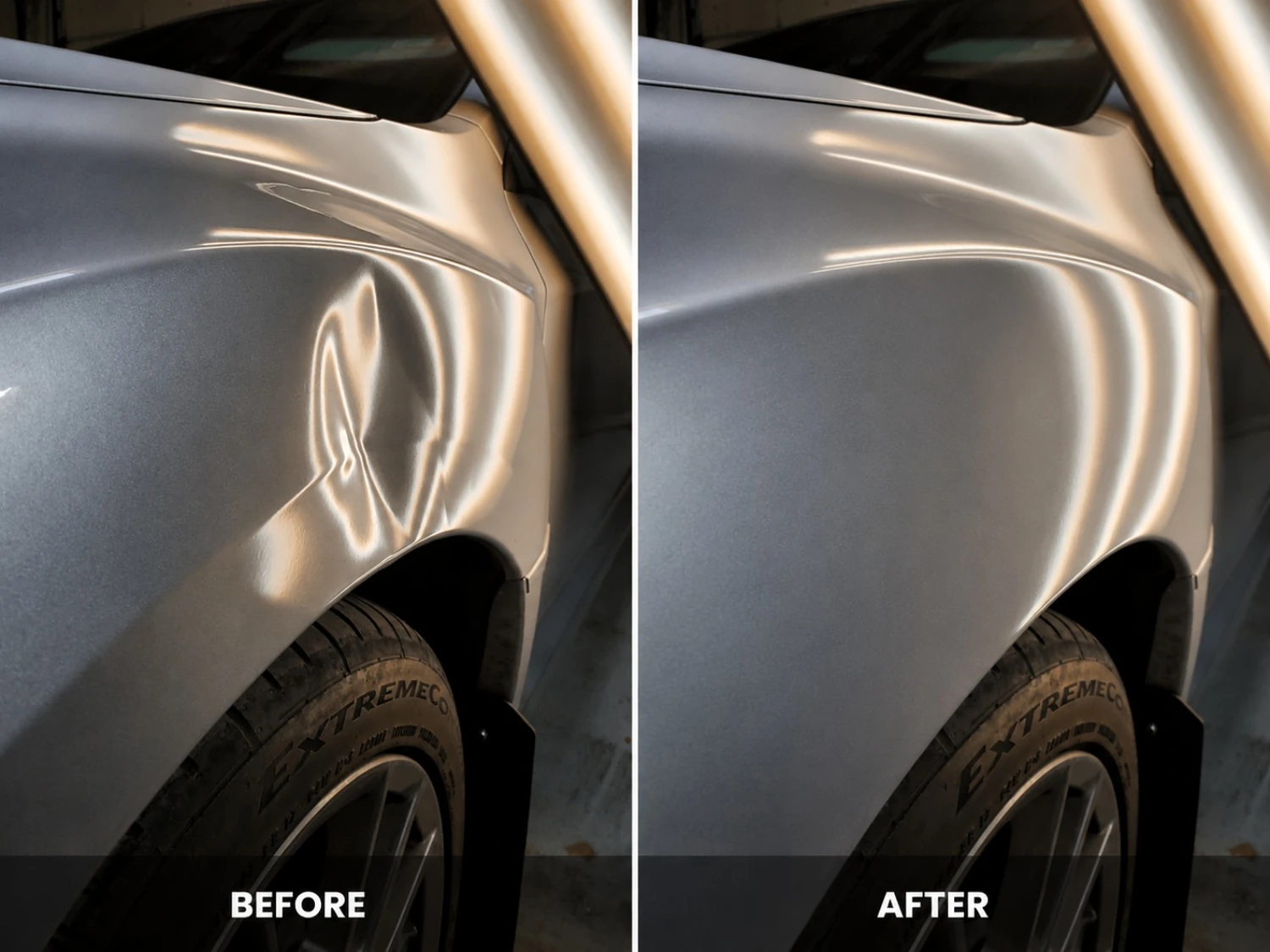 Front fender before and after dent repair
