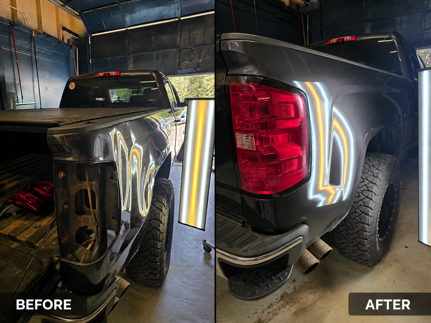 Pickup truck bedside before and after dent repair