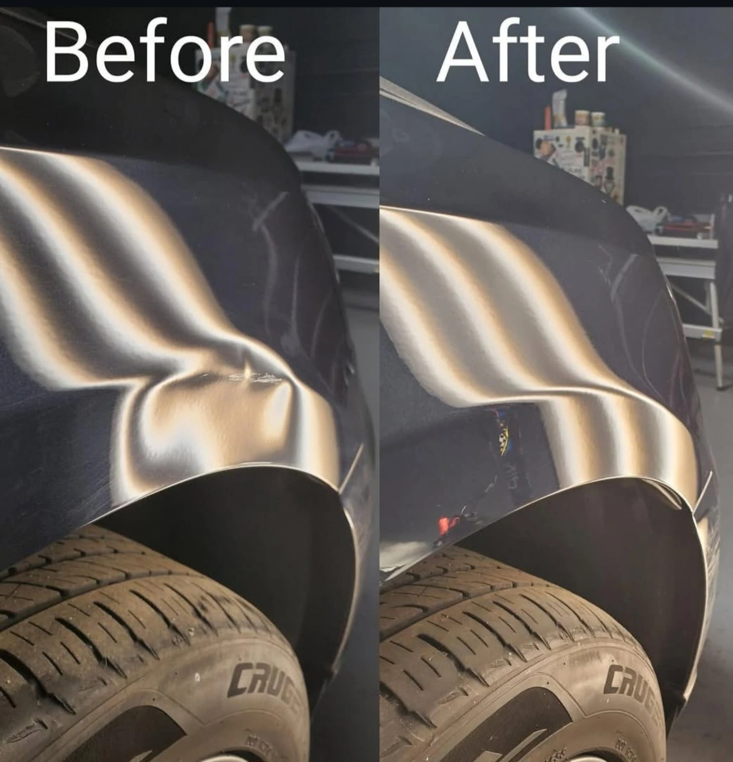 Wheel arch before and after dent repair